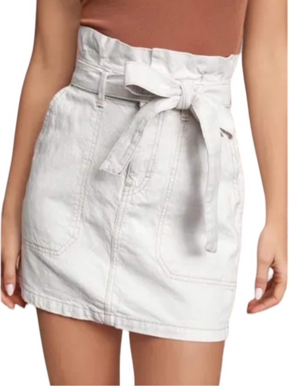 Free People Denim Mini Skirt Splendor in The Grass Oatmeal Bow Tie Size 2